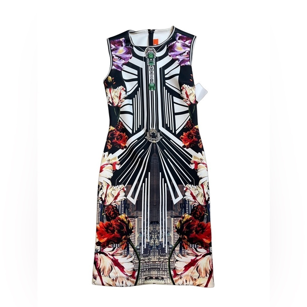 Clover Canyon/Art Deco multi-color/New York Print W/ Flowers body-con M dress